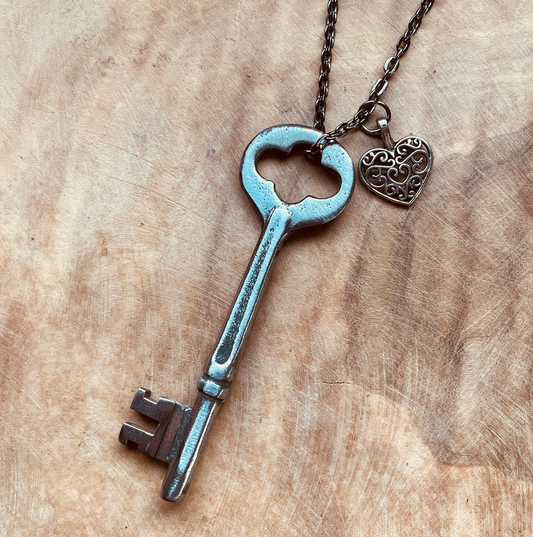 Authentic Vintage Skeleton Key Necklace or Keychain, Upcycled Key Jewelry, Rustic Key Pendant, Choose Your Chain & Charm