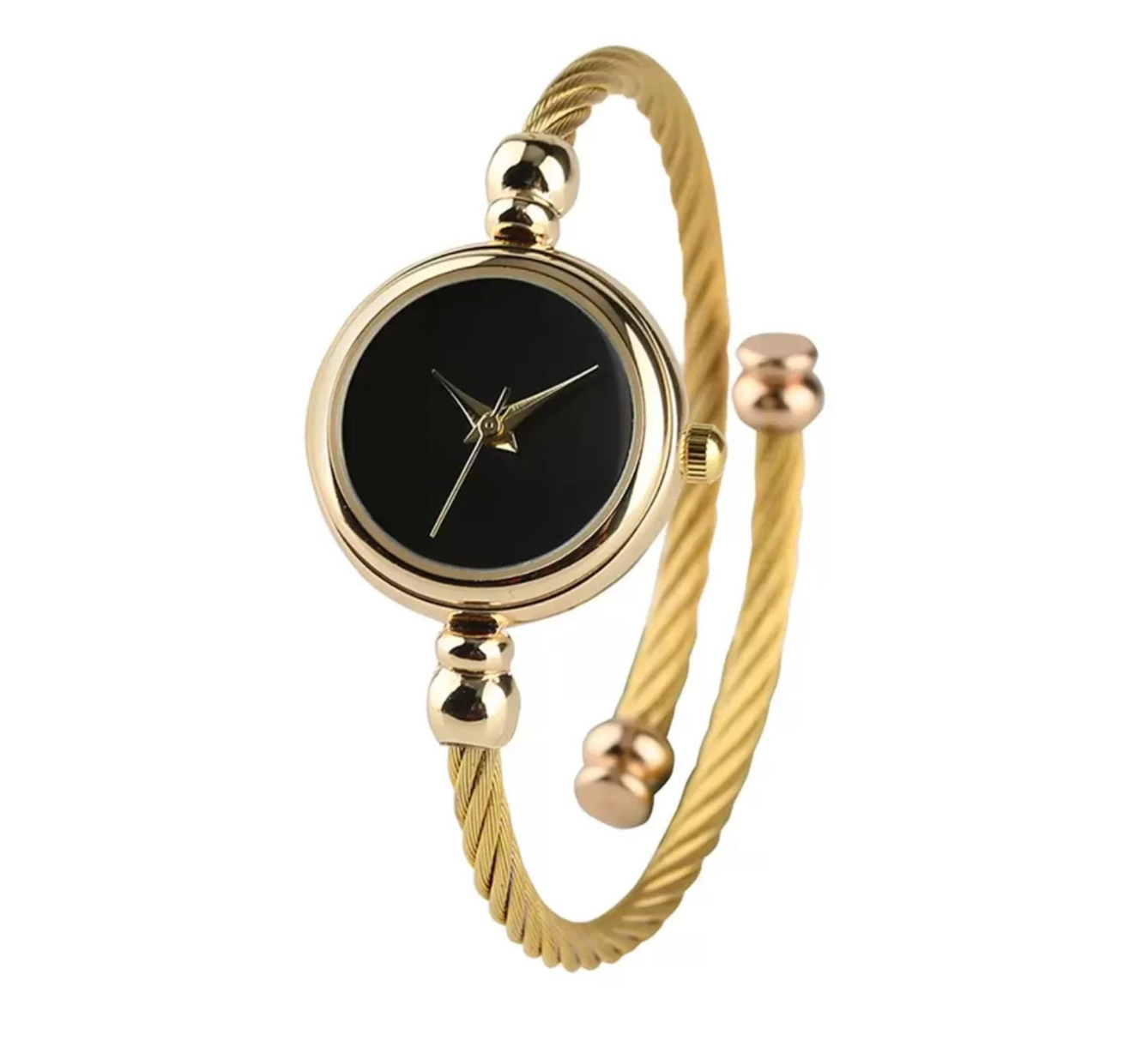 Gold Rope Bangle Watch, Round Bezel Watch, Pointer Quartz, White & Gold Watch, Adjustable, Bracelet Stack, Minimalist, Retro Style, Dainty, Elegant Twist Band