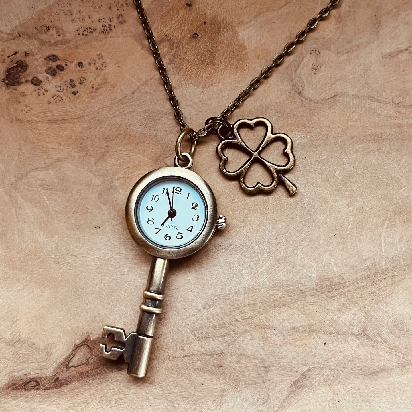 Vintage-Style Key Watch Necklace. Antique Brass Key Pendant with Working Quartz Clock, Steampunk Jewelry, Bronze Watch Charm, Clock Pendant