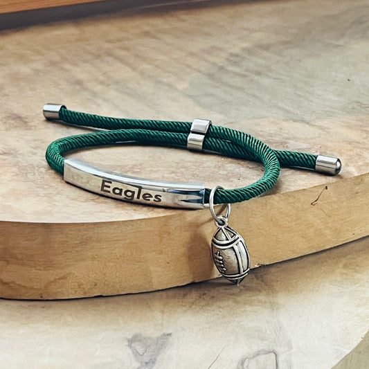 Philadelphia Eagles Adjustable Cord Bracelet, Green Eagles Engraved Bar with Silver Football Charm, Fan Jewelry Gift