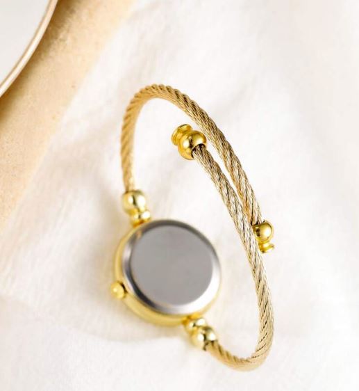 Gold Rope Bangle Watch, Round Bezel Watch, Pointer Quartz, White & Gold Watch, Adjustable, Bracelet Stack, Minimalist, Retro Style, Dainty, Elegant Twist Band