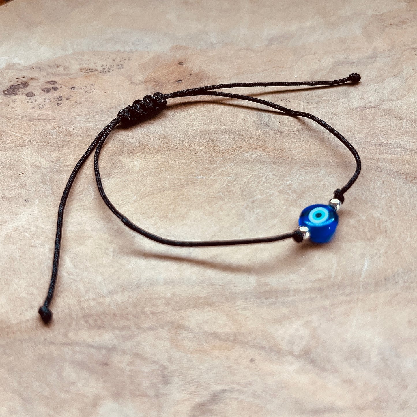 Minimalist Evil Eye Bracelet – Adjustable Black Cord Protection Bracelet, Dainty Blue Glass Bead, Good Luck Charm, Everyday Layering Jewelry