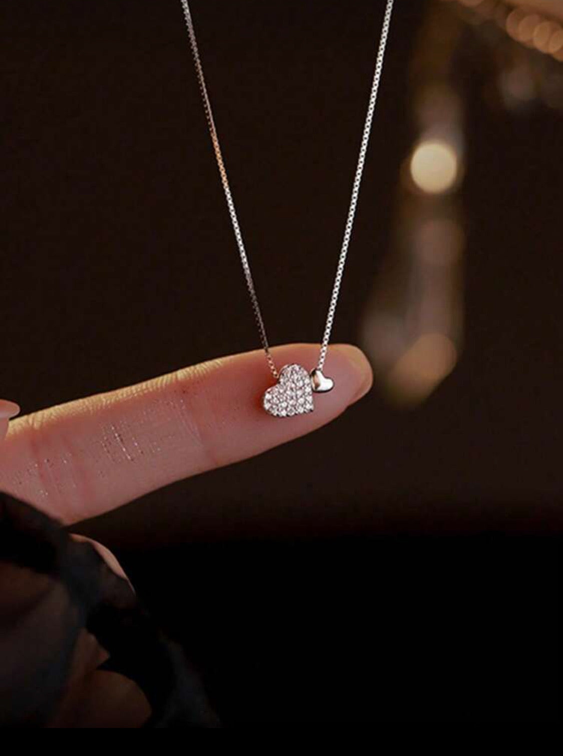 Dainty Heart Necklace, Double Heart Pendant, Crystal Pave Heart Necklace, Minimalist Everyday Jewelry, Gift for Her, Silver Heart Pendant