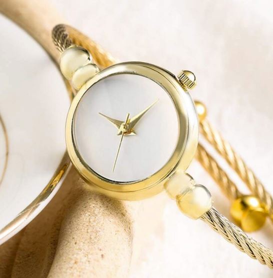 Gold Rope Bangle Watch, Round Bezel Watch, Pointer Quartz, White & Gold Watch, Adjustable, Bracelet Stack, Minimalist, Retro Style, Dainty, Elegant Twist Band