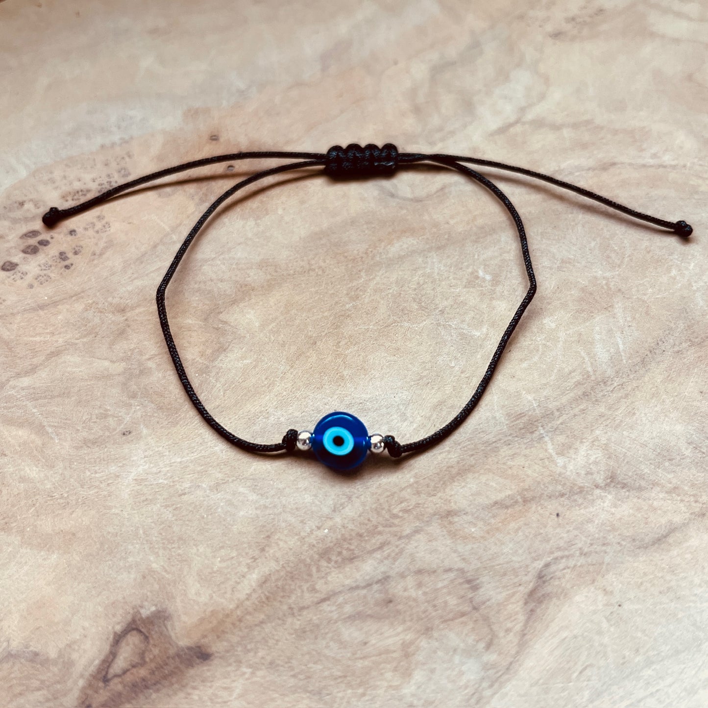 Minimalist Evil Eye Bracelet – Adjustable Black Cord Protection Bracelet, Dainty Blue Glass Bead, Good Luck Charm, Everyday Layering Jewelry