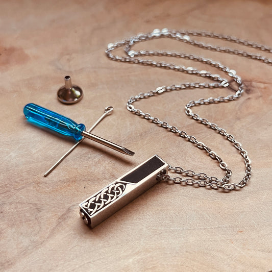 Stainless Steel Urn Necklace for Ashes – Celtic Knot Memorial Pendant, 21” Chain, Screwdriver & Funnel included
