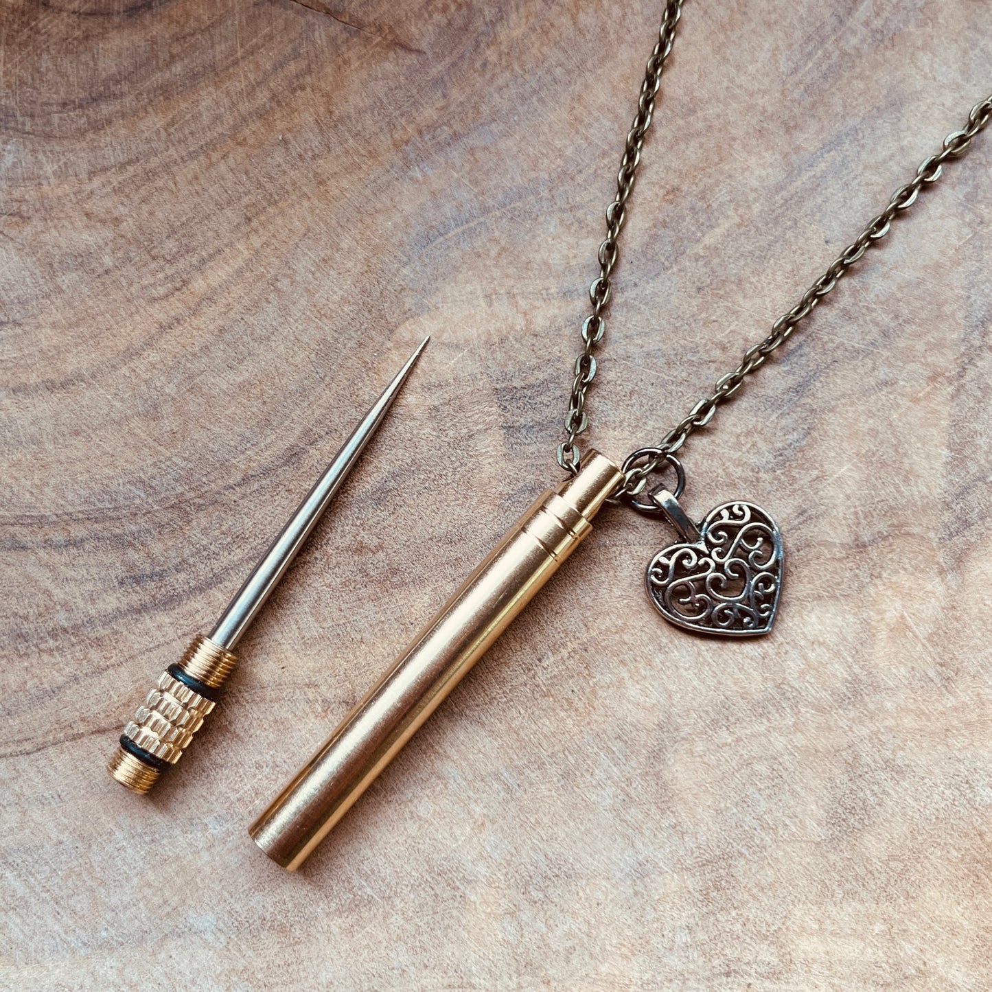 Functional Brass Stick Necklace – Hidden Tool Pendant, Everyday Carry Necklace, Tool Keychain, Toothpick, Custom Charm, Useful Necklace, Craft Jewelry, Silver Tube, Unique Gift