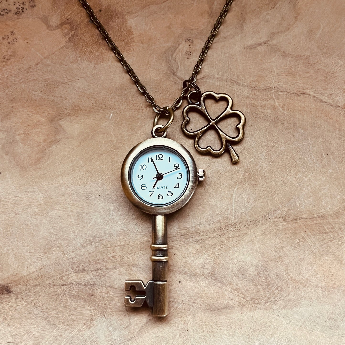 Vintage-Style Key Watch Necklace. Antique Brass Key Pendant with Working Quartz Clock, Steampunk Jewelry, Bronze Watch Charm, Clock Pendant