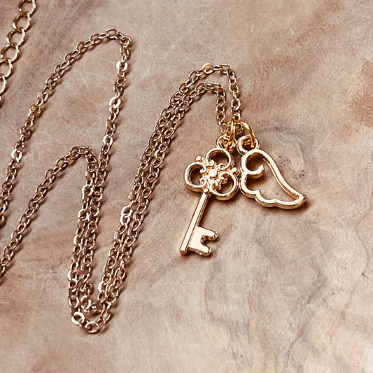 Handmade Key & Angel Wing Charm Necklace – Gold Tone – Adjustable Length