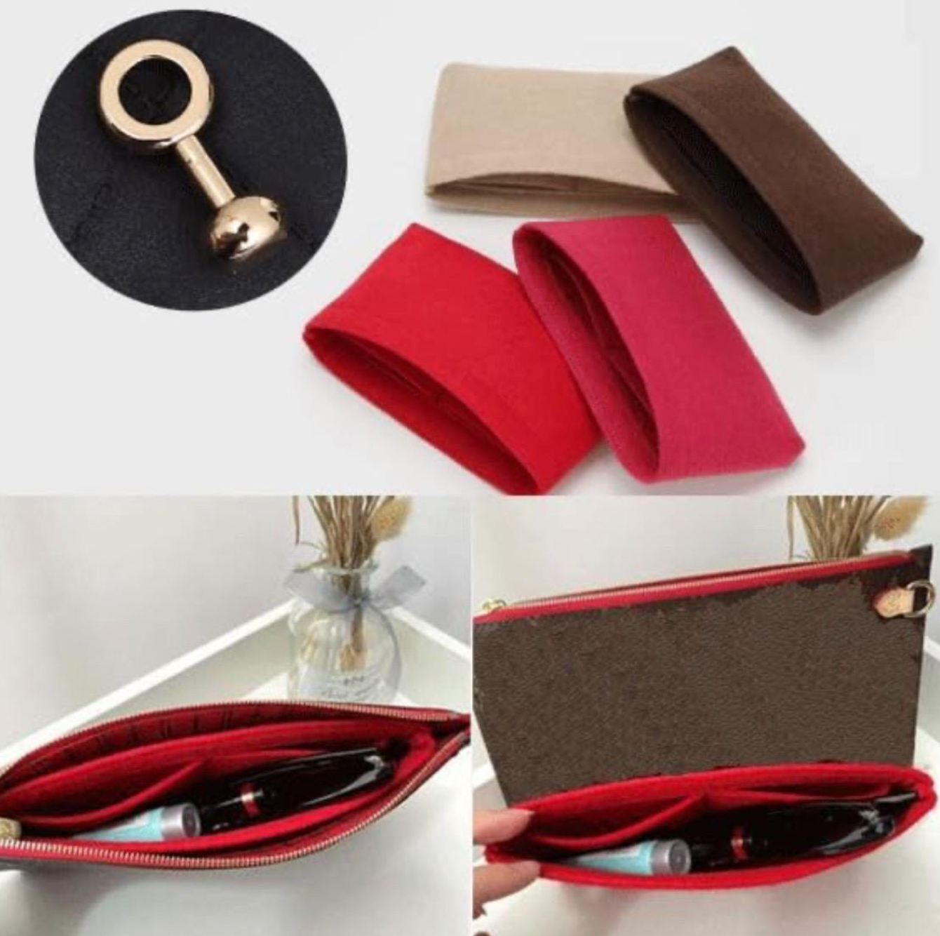 Purse Insert Organizer for Neverfull MM / GM Pochette Pouch conversion kit red felt material with D Ring attachment, convert to shoulder bag