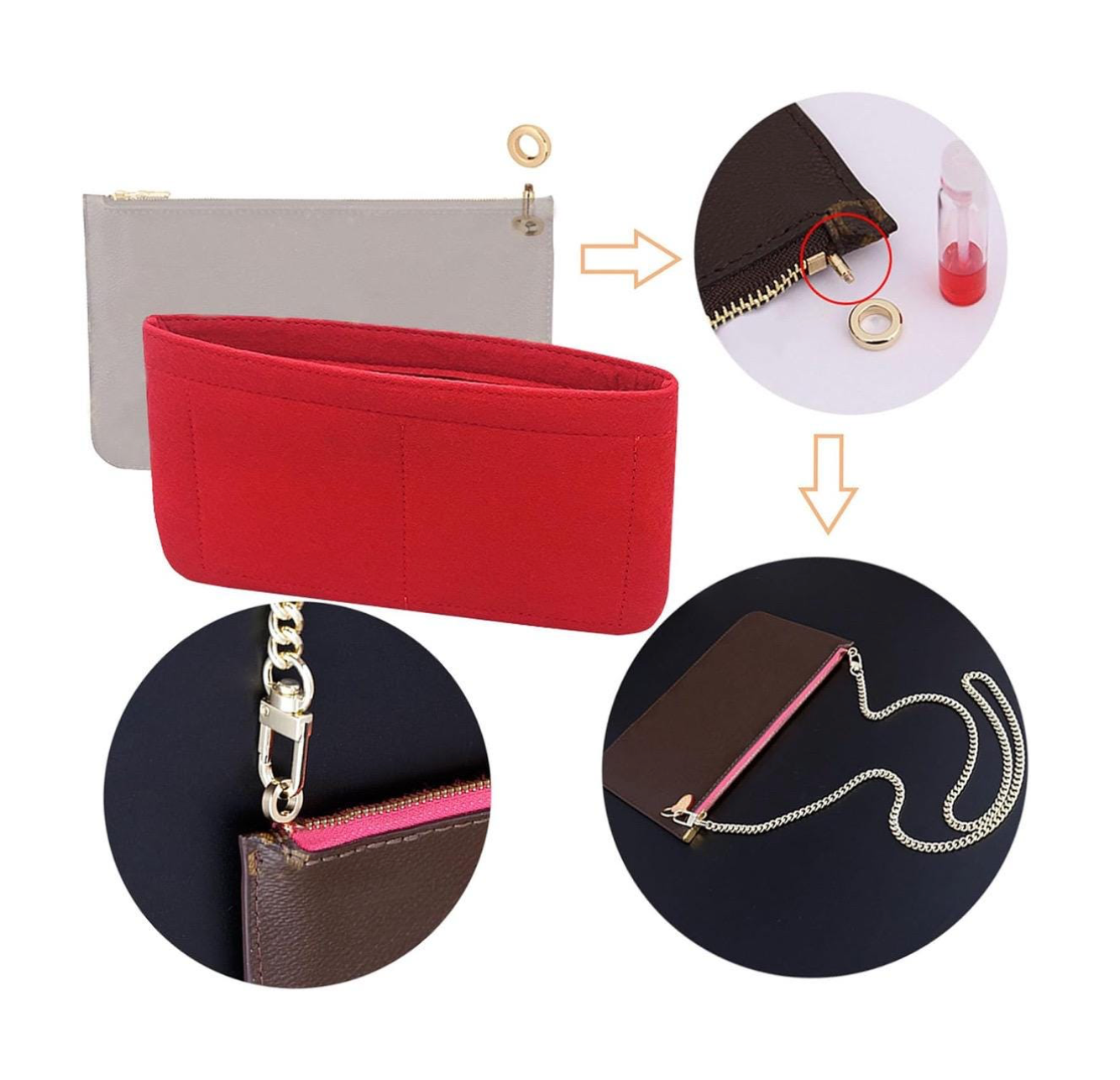 Purse Insert Organizer for Neverfull MM / GM Pochette Pouch conversion kit red felt material with D Ring attachment, convert to shoulder bag