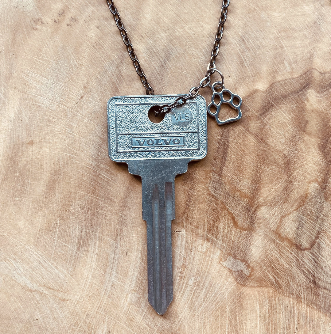 Vintage Volvo Key Necklace or Keychain, Upcycled Authentic Car Key with Custom Chain & Charm