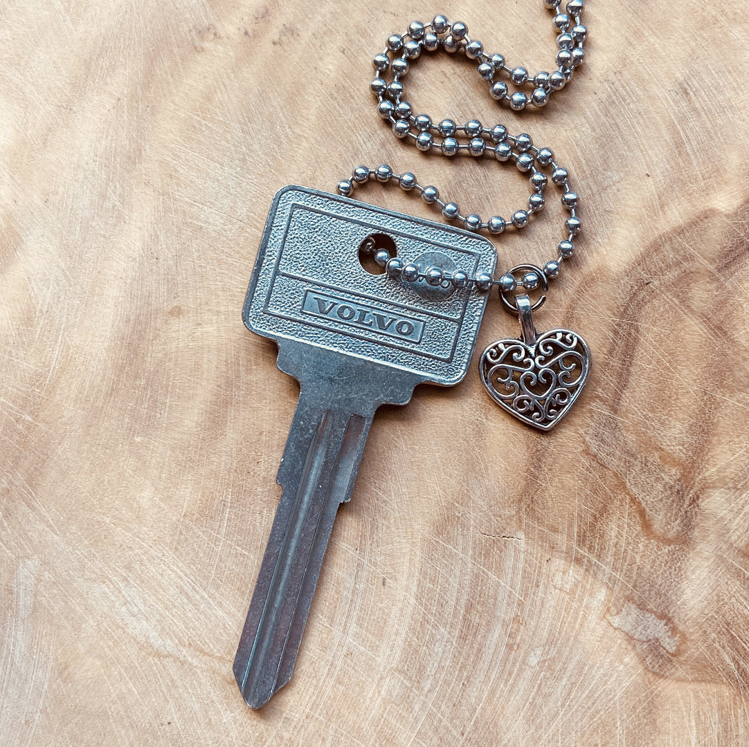 Vintage Volvo Key Necklace or Keychain, Upcycled Authentic Car Key with Custom Chain & Charm