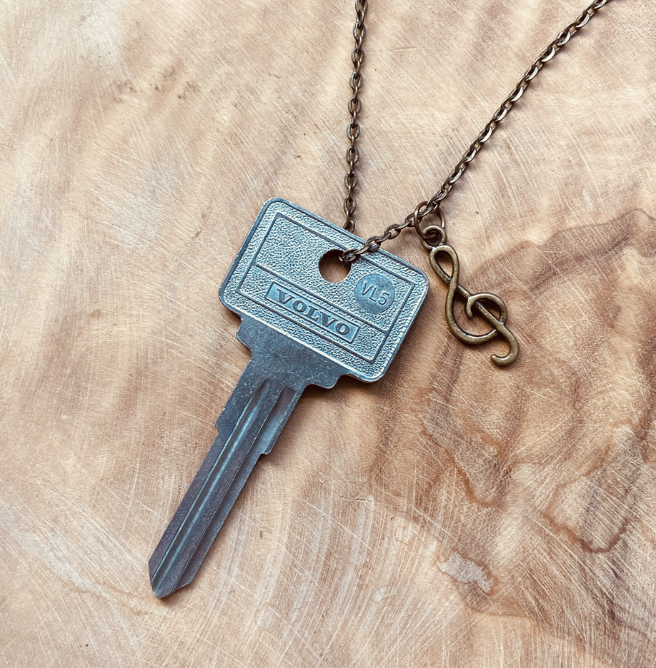 Vintage Volvo Key Necklace or Keychain, Upcycled Authentic Car Key with Custom Chain & Charm