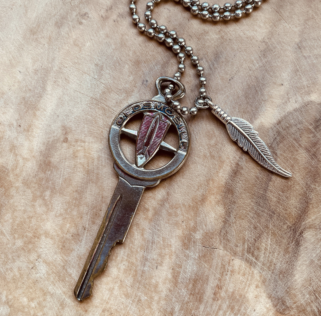 Vintage Oldsmobile Crest Key Necklace or Keychain, Upcycled Authentic Car Key with Custom Chain & Charm