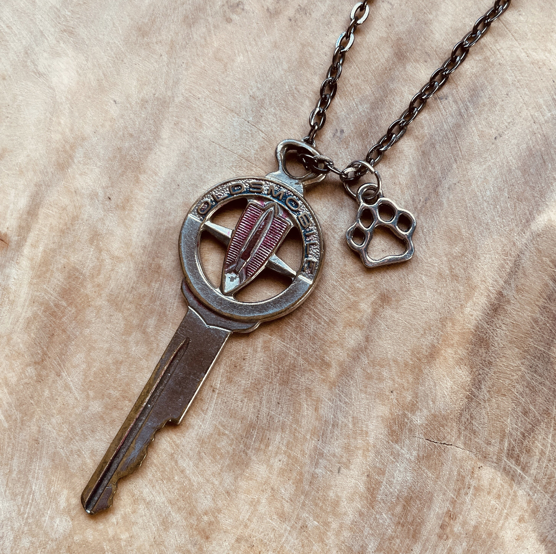 Vintage Oldsmobile Crest Key Necklace or Keychain, Upcycled Authentic Car Key with Custom Chain & Charm