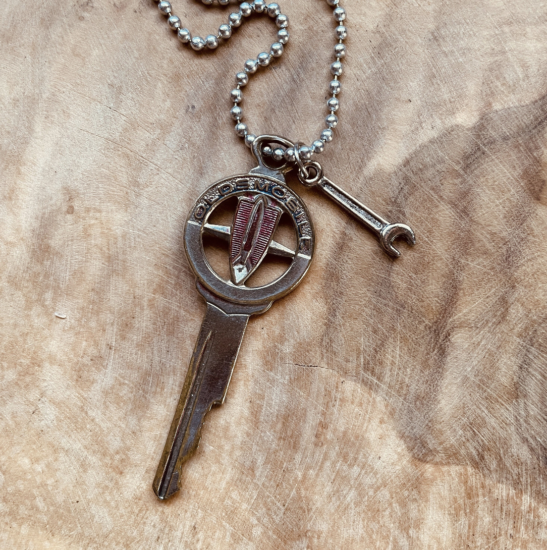 Vintage Oldsmobile Crest Key Necklace or Keychain, Upcycled Authentic Car Key with Custom Chain & Charm