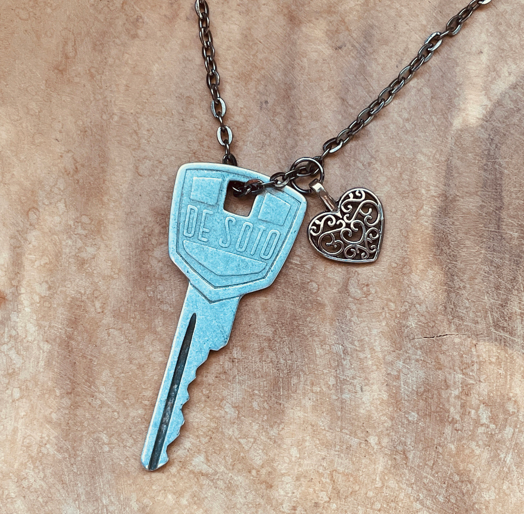Vintage DeSoto Key Necklace or Keychain, Upcycled Classic Car Key with Custom Chain & Charm