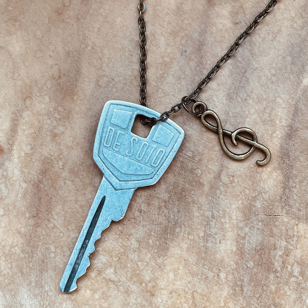 Vintage DeSoto Key Necklace or Keychain, Upcycled Classic Car Key with Custom Chain & Charm