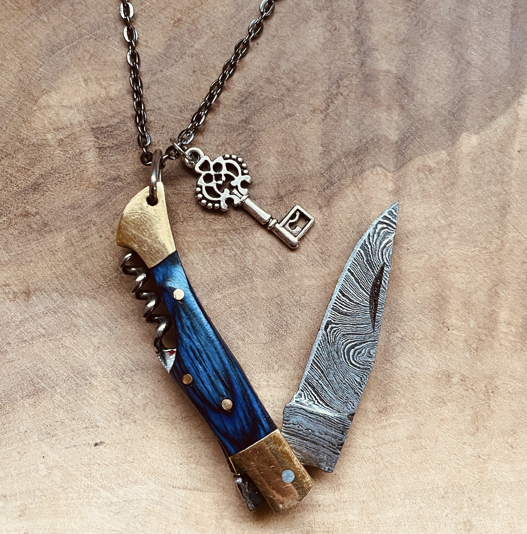 Damascus Steel Knife Necklace or Keychain, Handcrafted Pocket Knife Pendant with Custom Chain & Charm