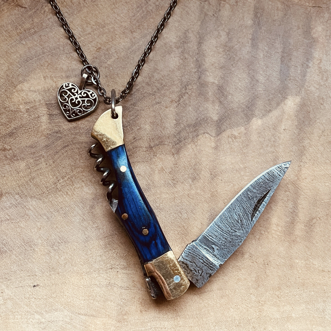 Damascus Steel Knife Necklace or Keychain, Handcrafted Pocket Knife Pendant with Custom Chain & Charm