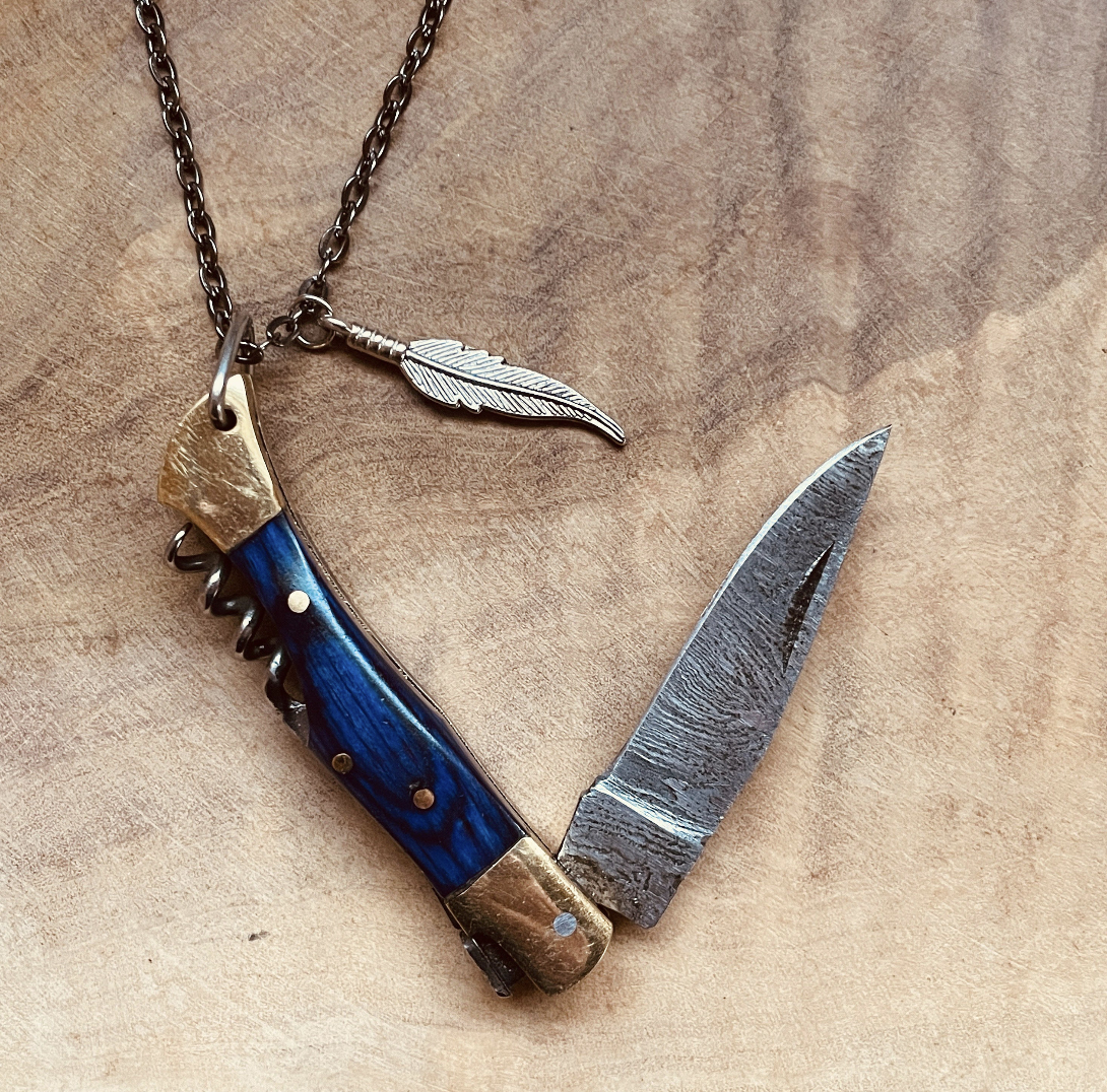 Damascus Steel Knife Necklace or Keychain, Handcrafted Pocket Knife Pendant with Custom Chain & Charm