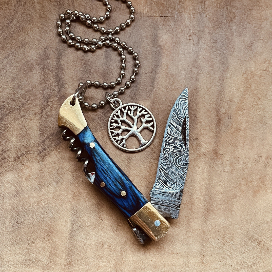 Damascus Steel Knife Necklace or Keychain, Handcrafted Pocket Knife Pendant with Custom Chain & Charm