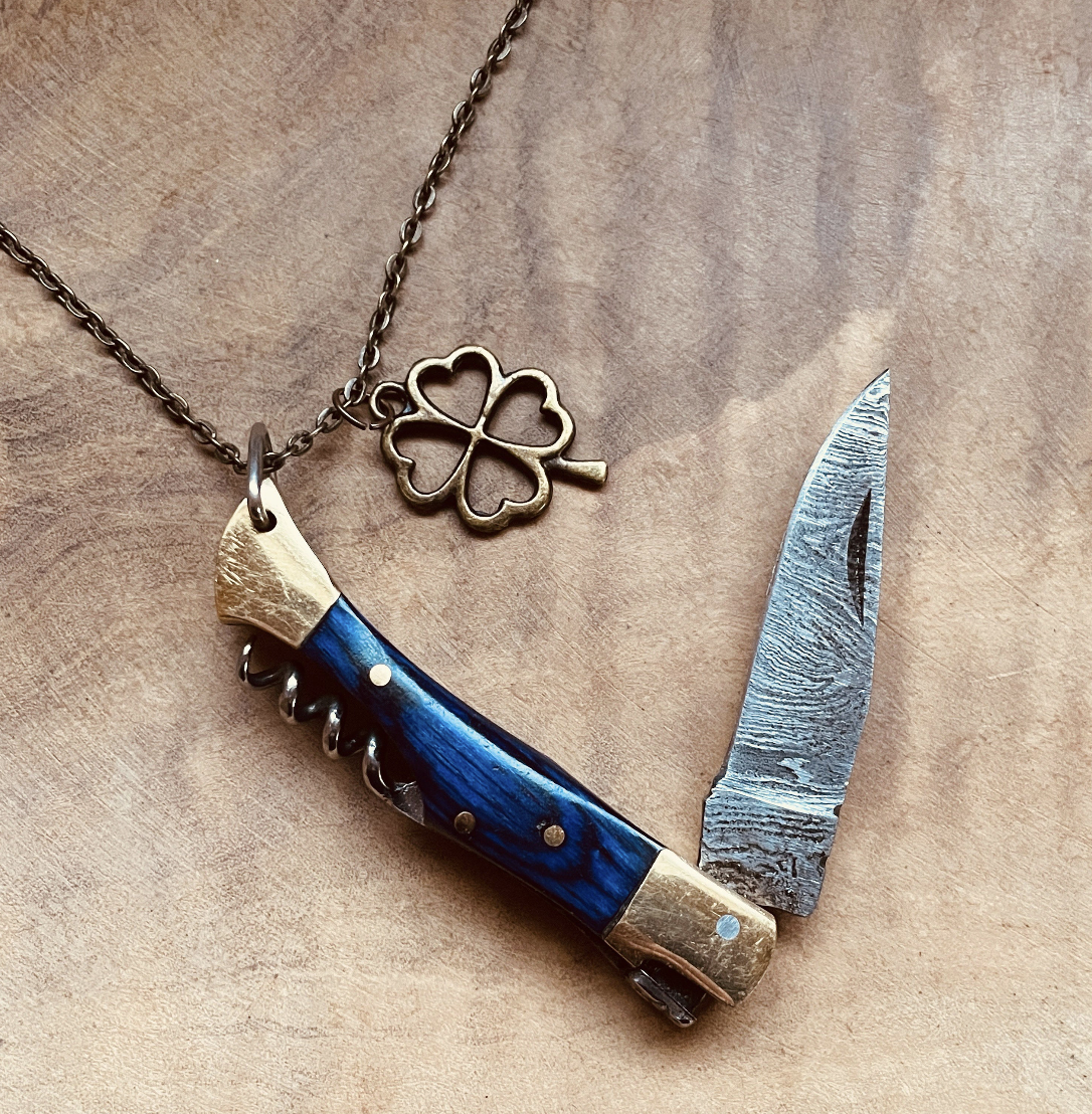 Damascus Steel Knife Necklace or Keychain, Handcrafted Pocket Knife Pendant with Custom Chain & Charm