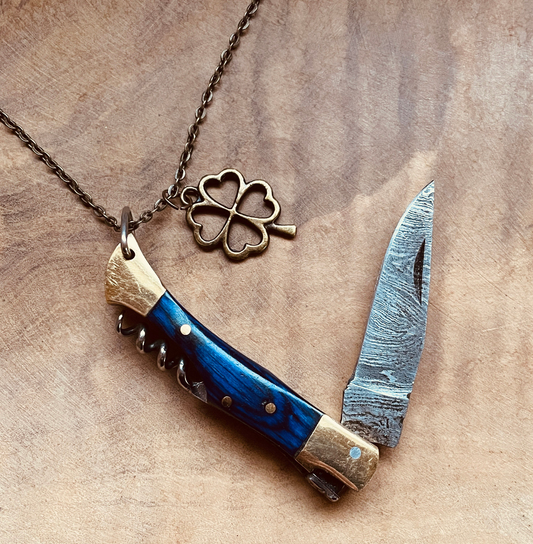 Damascus Steel Knife Necklace or Keychain, Handcrafted Pocket Knife Pendant with Custom Chain & Charm