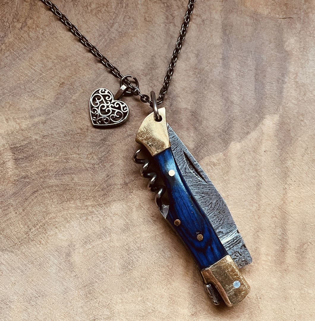 Damascus Steel Knife Necklace or Keychain, Handcrafted Pocket Knife Pendant with Custom Chain & Charm