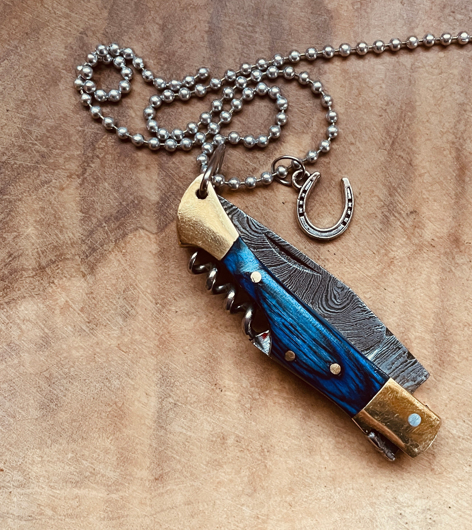 Damascus Steel Knife Necklace or Keychain, Handcrafted Pocket Knife Pendant with Custom Chain & Charm