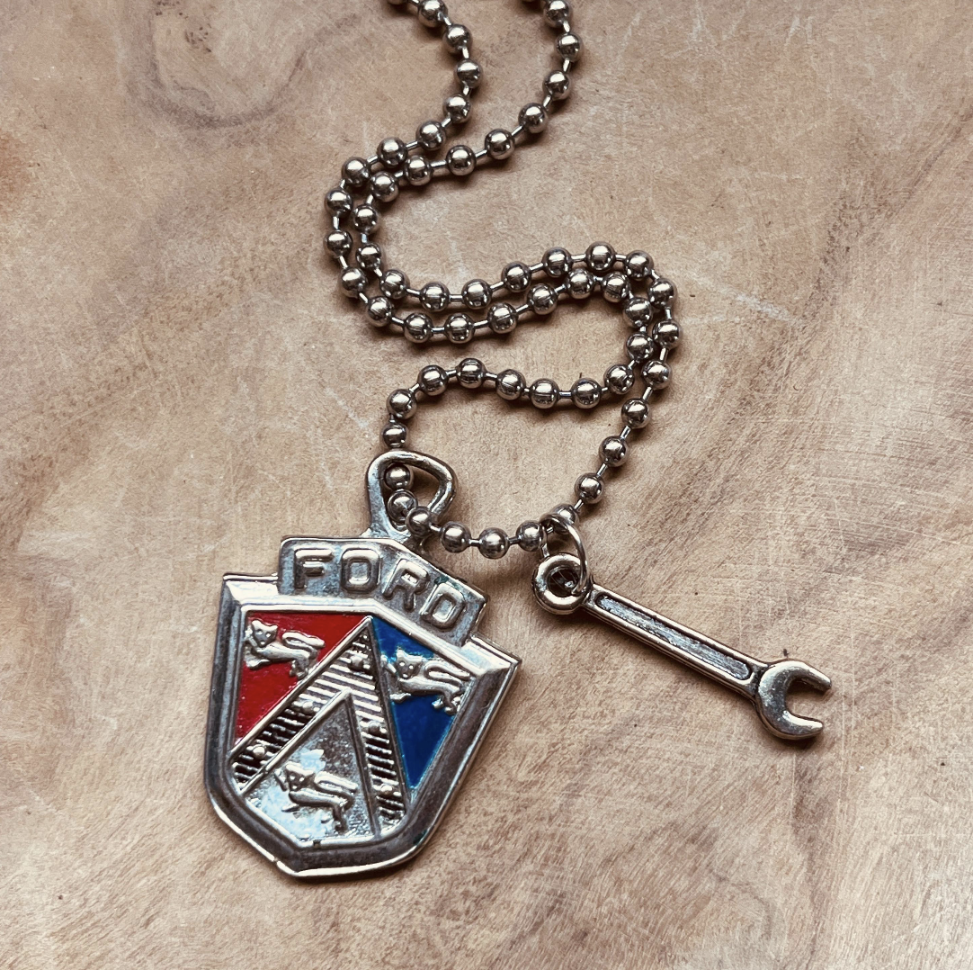 Vintage Ford Crest Necklace & Keychain Set, Authentic Ford Emblem Pendant with Custom Chain & Charm