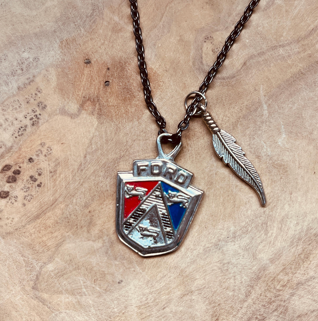 Vintage Ford Crest Necklace & Keychain Set, Authentic Ford Emblem Pendant with Custom Chain & Charm