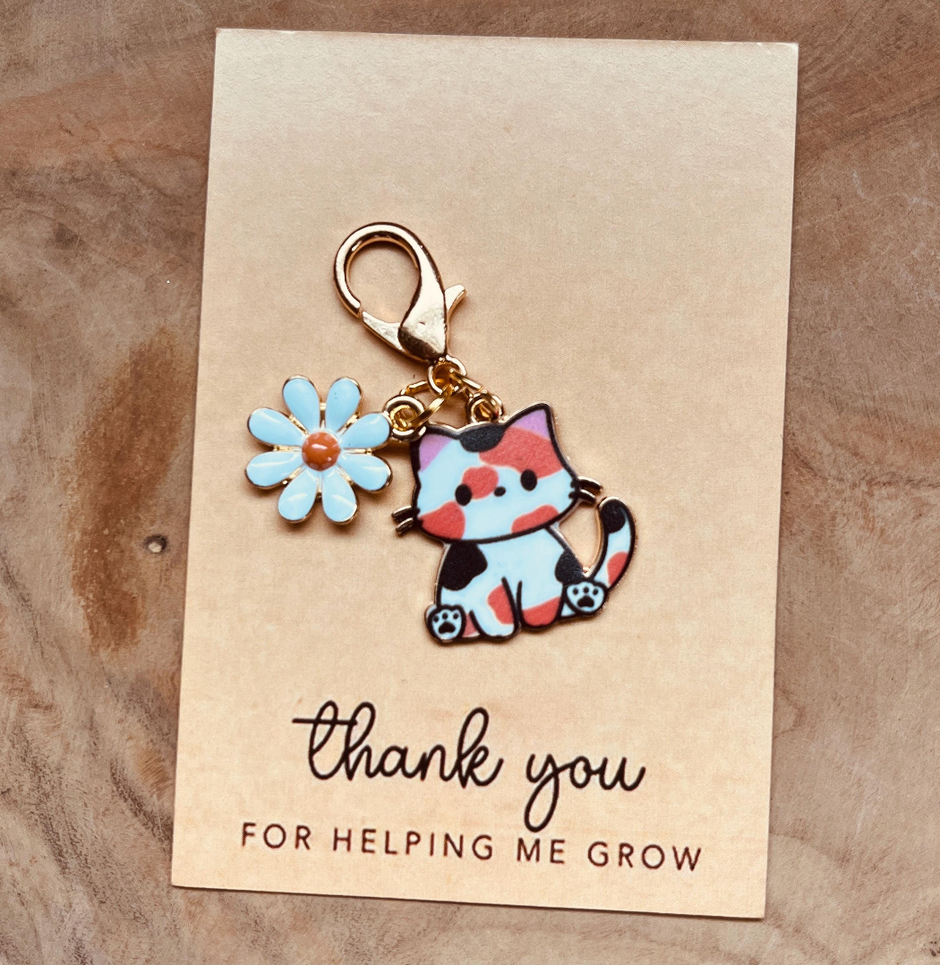 Cute Cat Zipper Pull, Kawaii Cat Charm, Cat Keychain, Daisy, Necklace, Bag Charm, Cat Lover Gift, Backpack or Purse Accessory, Pocket Hug