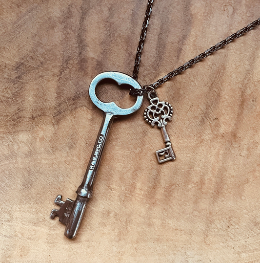 Vintage Skeleton Key Necklace or Keychain, Authentic Antique Key Jewelry, Rustic Accessory, Choose Chain and Charm
