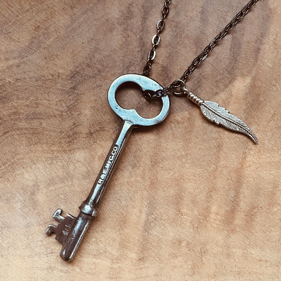 Vintage Skeleton Key Necklace or Keychain, Authentic Antique Key Jewelry, Rustic Accessory, Choose Chain and Charm
