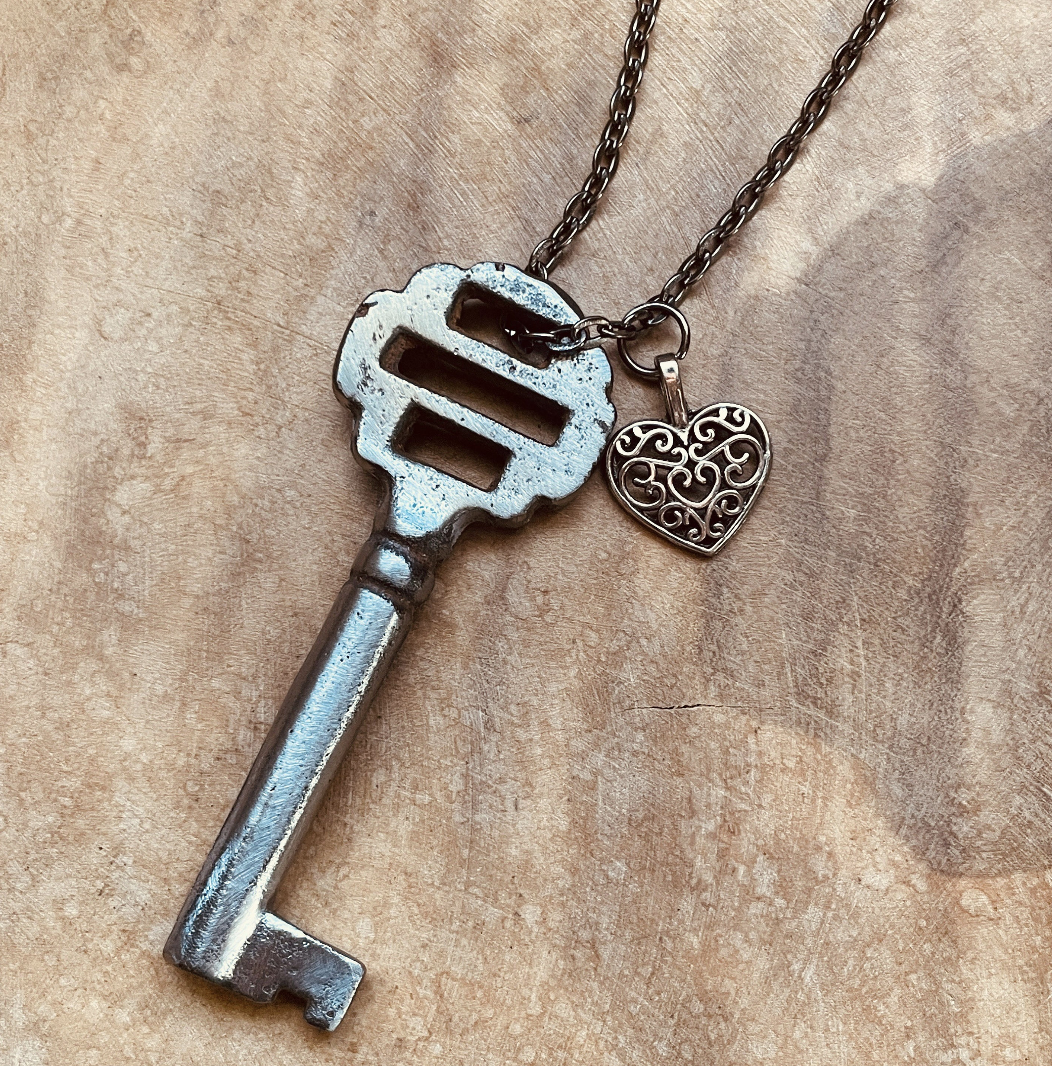 Vintage Skeleton Key Necklace or Keychain, Authentic Antique Key Jewelry, German Key, Rustic Upcycled Pendant, Choose Chain and Charm