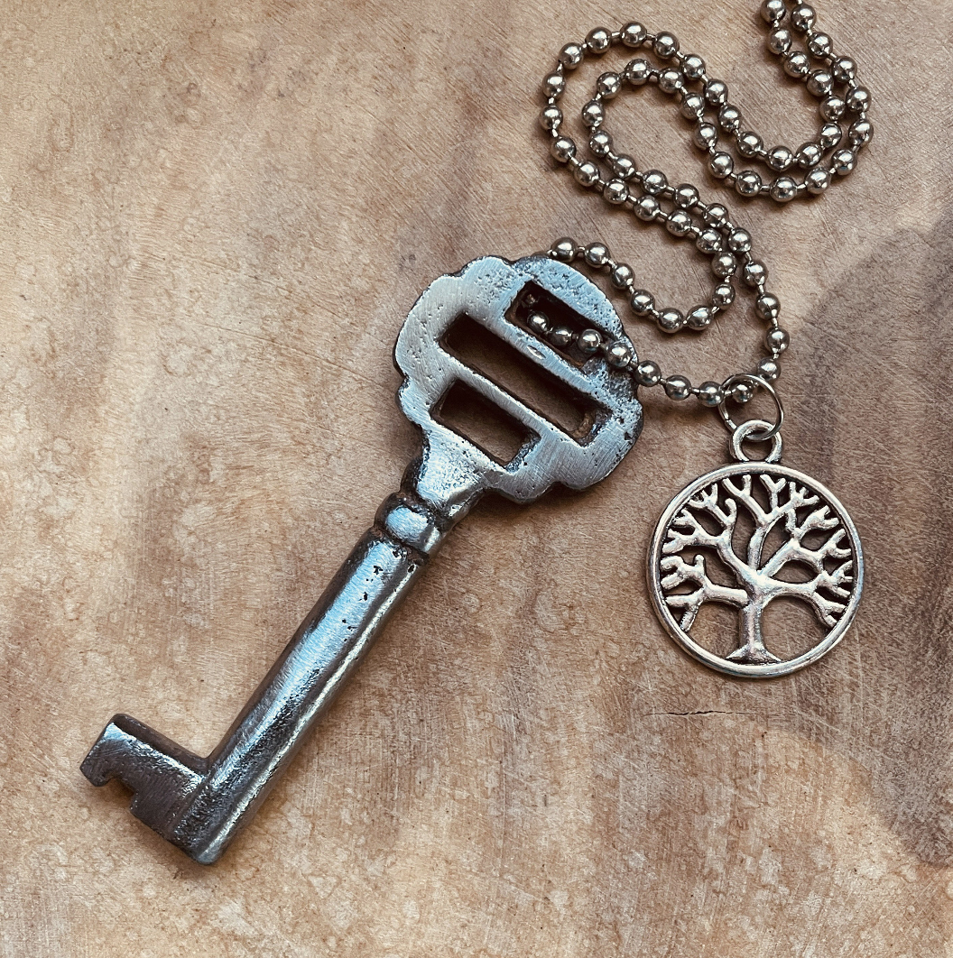 Vintage Skeleton Key Necklace or Keychain, Authentic Antique Key Jewelry, German Key, Rustic Upcycled Pendant, Choose Chain and Charm