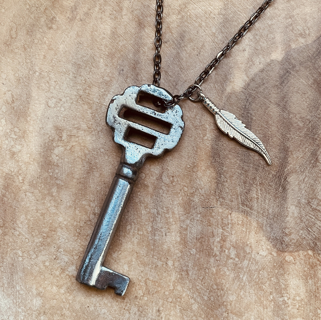 Vintage Skeleton Key Necklace or Keychain, Authentic Antique Key Jewelry, German Key, Rustic Upcycled Pendant, Choose Chain and Charm