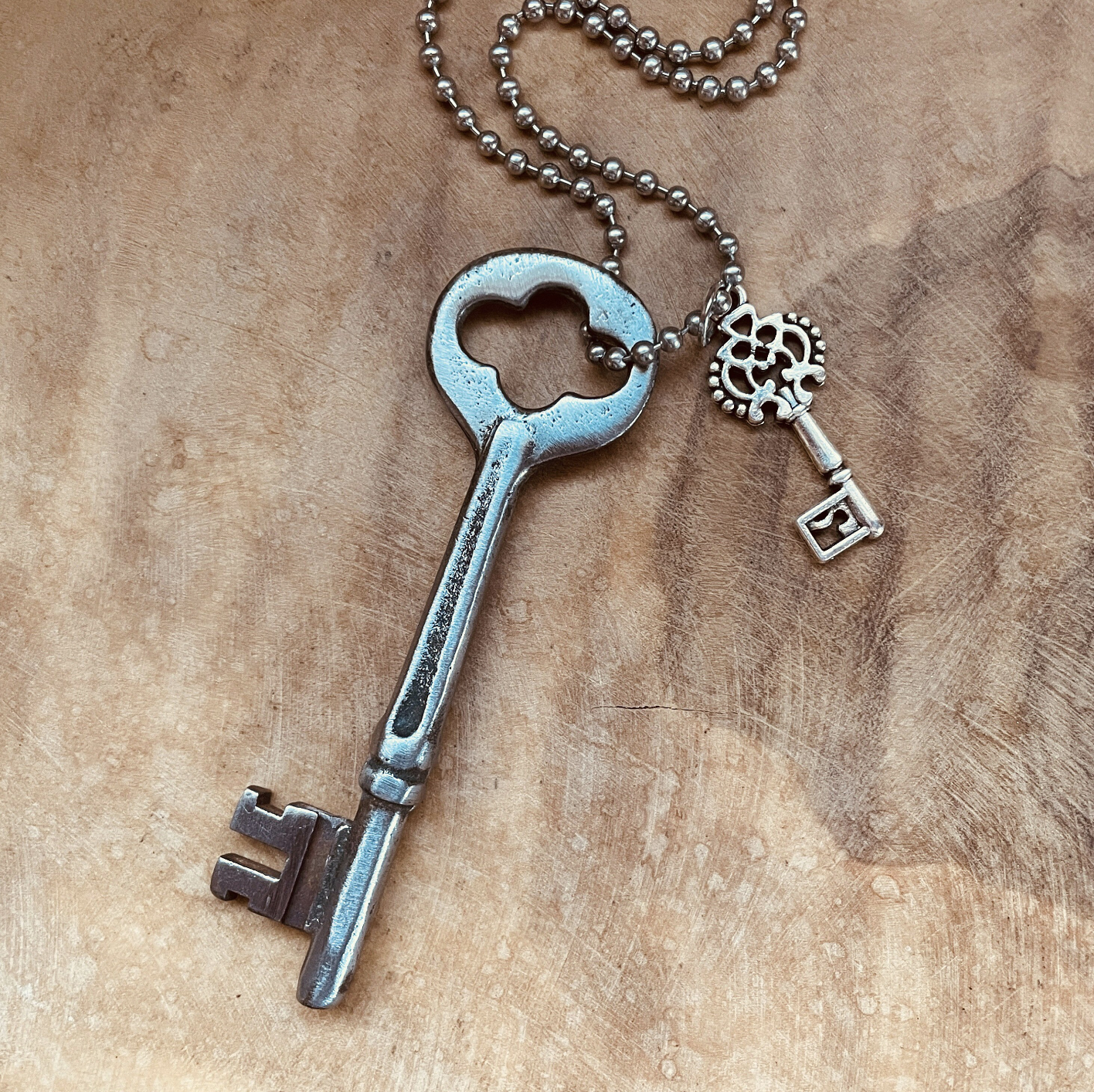 Authentic Vintage Skeleton Key Necklace or Keychain, Upcycled Key Jewelry, Rustic Key Pendant, Choose Your Chain & Charm