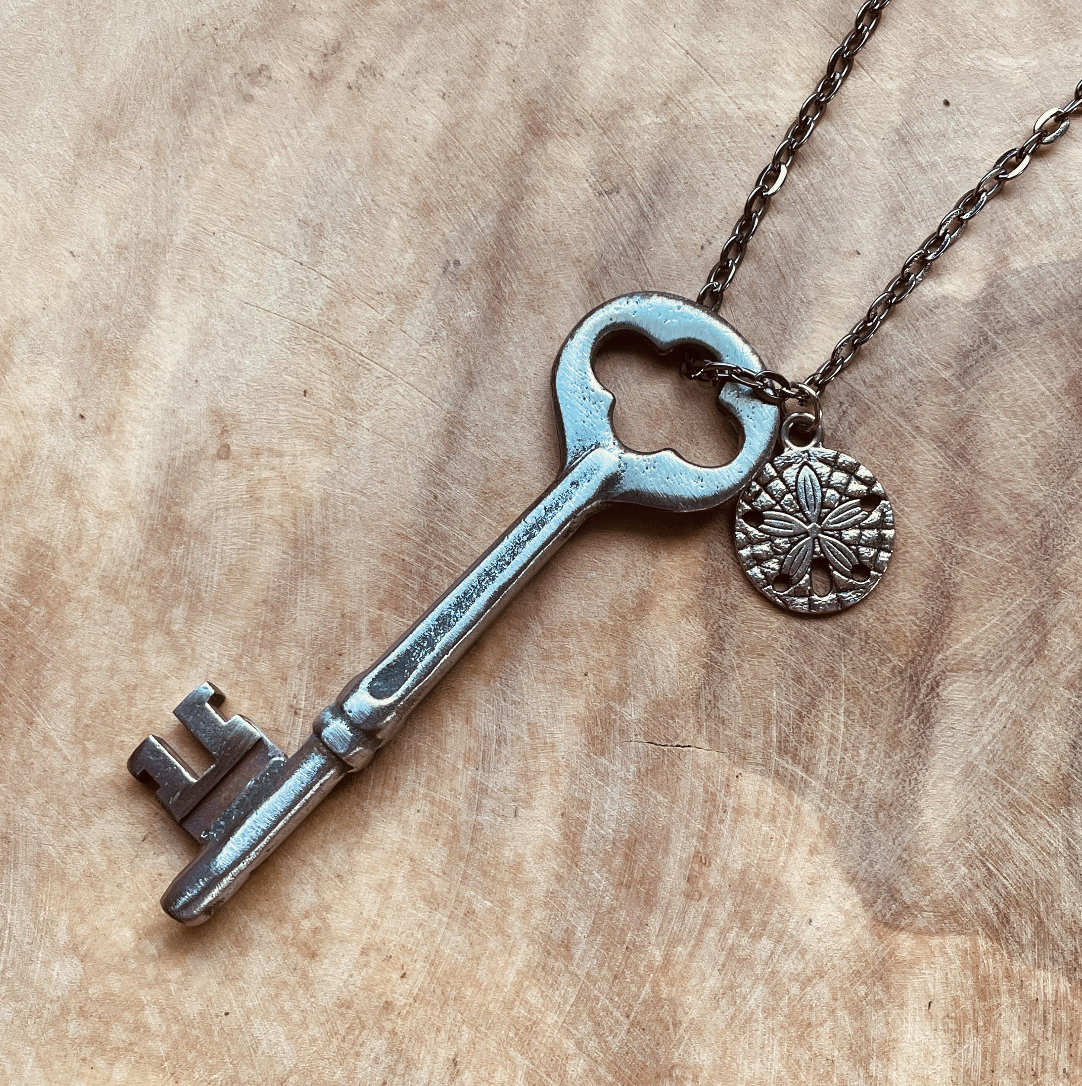 Authentic Vintage Skeleton Key Necklace or Keychain, Upcycled Key Jewelry, Rustic Key Pendant, Choose Your Chain & Charm