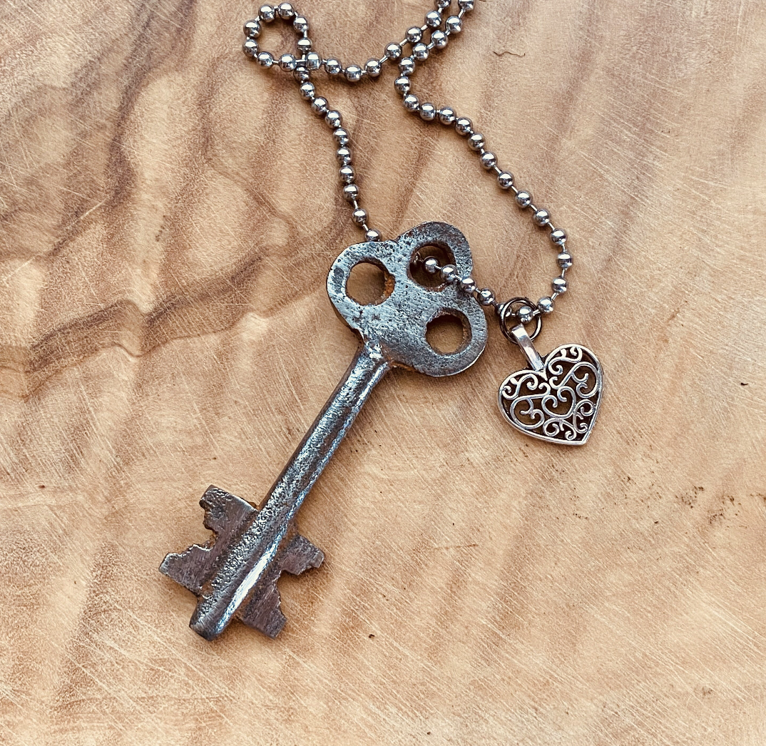 Vintage Skeleton Key Necklace or Keychain, Authentic Upcycled Key Jewelry, Rustic Antique Key Pendant, Choose Chain & Charm