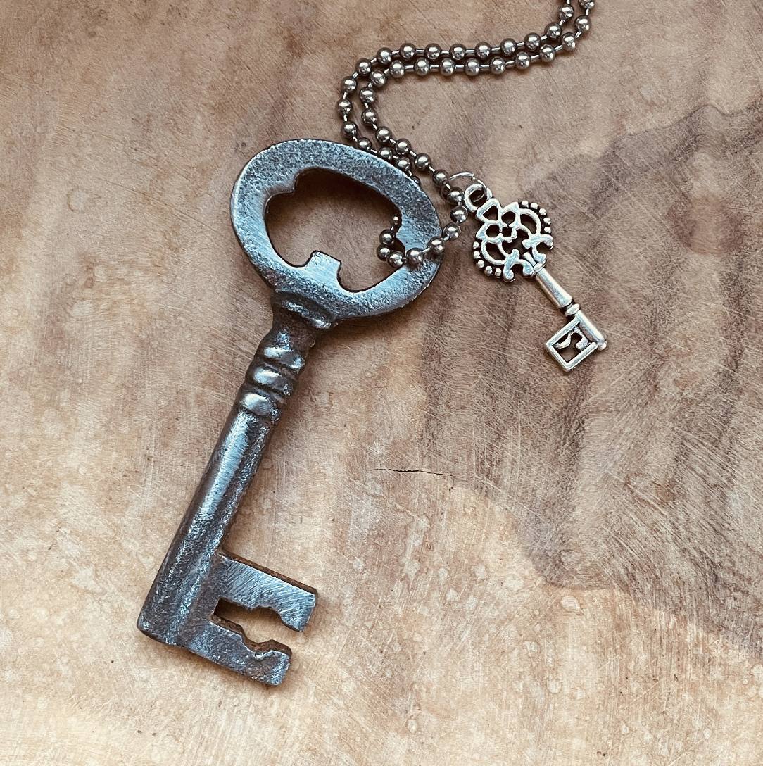 Authentic Vintage Skeleton Key Necklace or Keychain, Upcycled Key Jewelry, Rustic Antique Key Pendant, Choose Chain & Charm