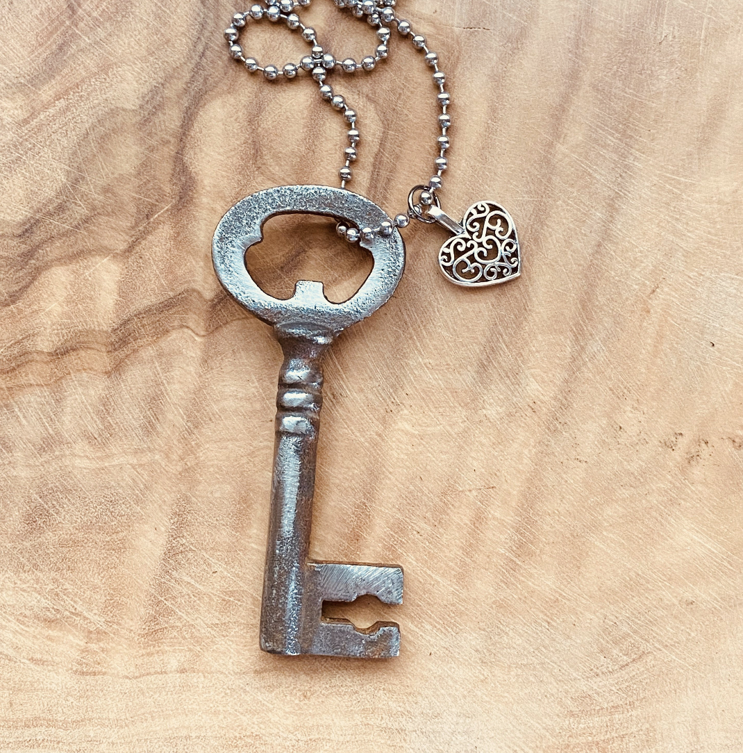 Authentic Vintage Skeleton Key Necklace or Keychain, Upcycled Key Jewelry, Rustic Antique Key Pendant, Choose Chain & Charm