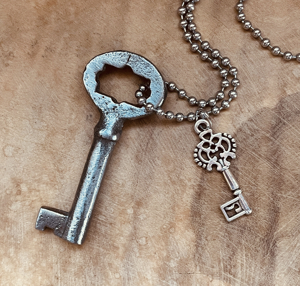 Vintage Skeleton Key Necklace or Keychain, Authentic Upcycled Key Jewelry, Rustic Antique Key Pendant, Custom Chain & Charm Options