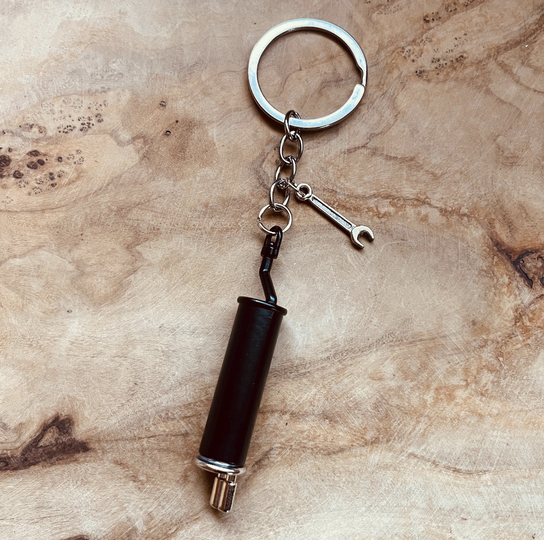 Exhaust Pipe Keychain with Wrench Charm, Car Enthusiast Keychain, Mechanic Keychain, Automotive Gift for Car Lovers, Gearhead Accessories