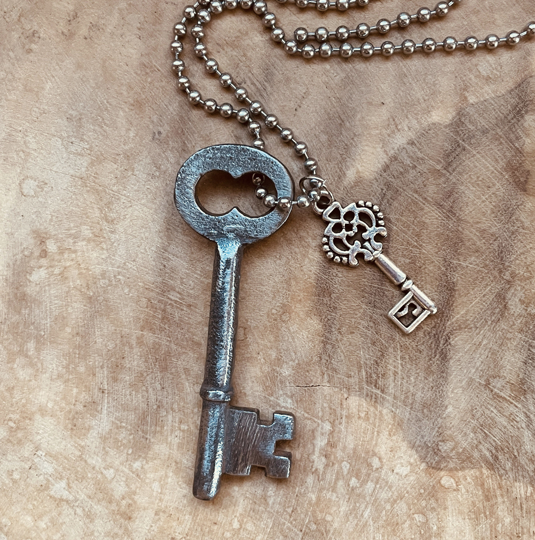 Authentic Vintage Skeleton Key Necklace or Keychain, Antique Skeleton Key Jewelry, Custom Chain & Charm
