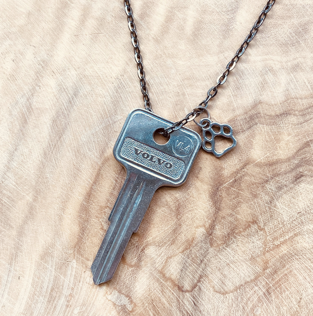 Vintage Volvo Key Necklace or Keychain, Upcycled Authentic Car Key with Custom Chain & Charm