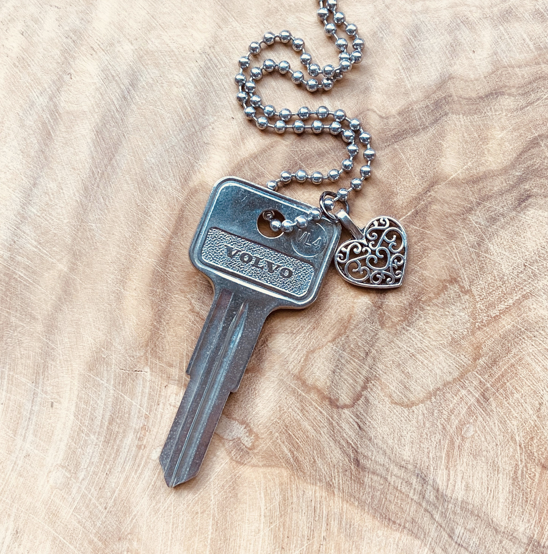 Vintage Volvo Key Necklace or Keychain, Upcycled Authentic Car Key with Custom Chain & Charm
