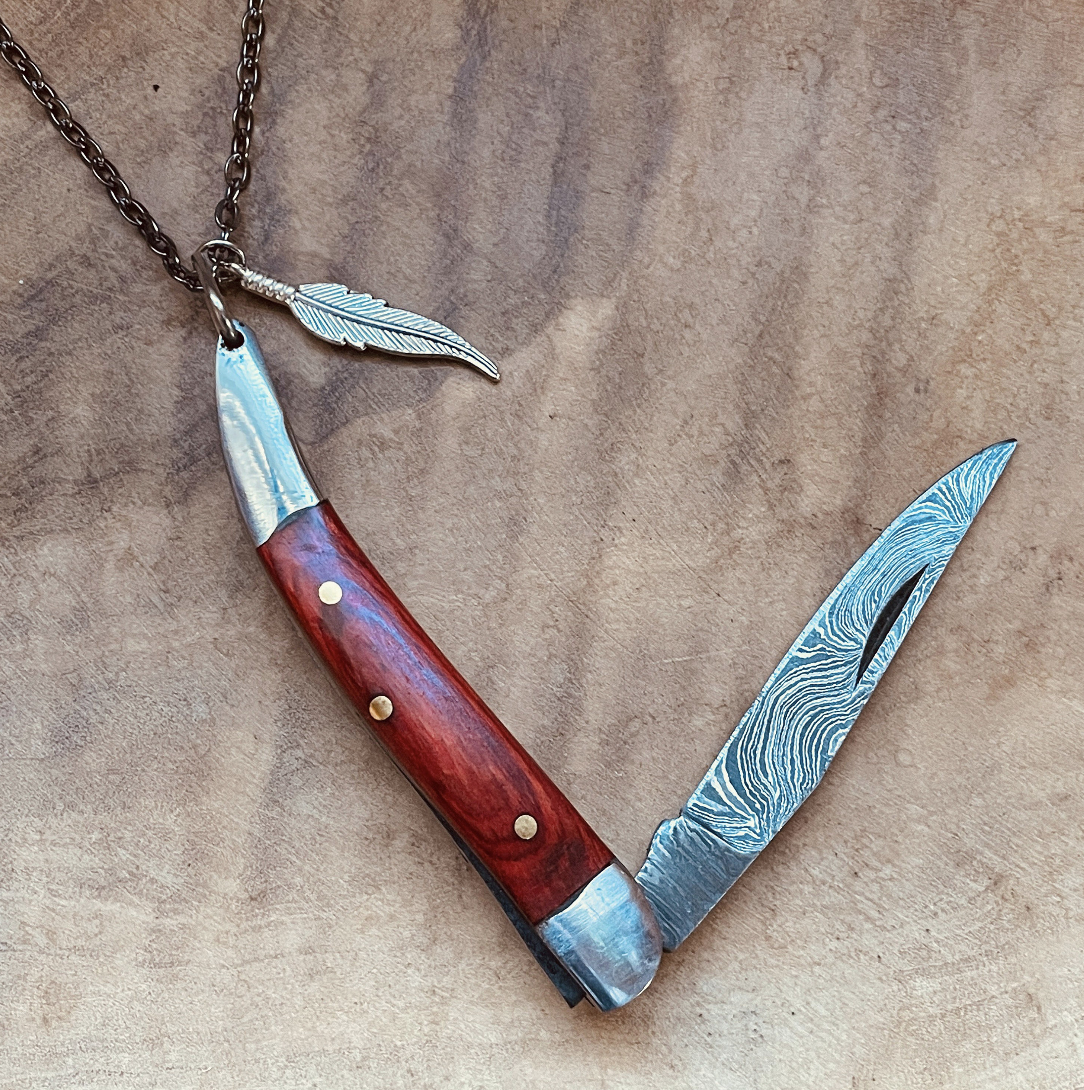 Damascus Knife Necklace or Keychain Mini Blade Pendant Custom Chain Charm Statement Jewelry